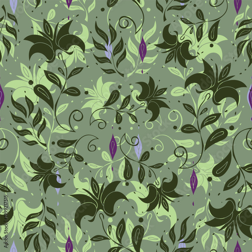 Modern Botanical Seamless Repeat Pattern with Stylized Leaves and Floral Motifs in Simple Decorative Style on Light Grey Background for Fabric and Wrapping Paper