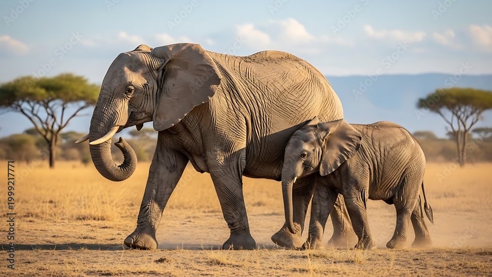 Fototapeta premium Majestic african elephant mother walking across the dry dusty landscape alongside her adorable young calf while exploring the vast wild habitat during a sunny day