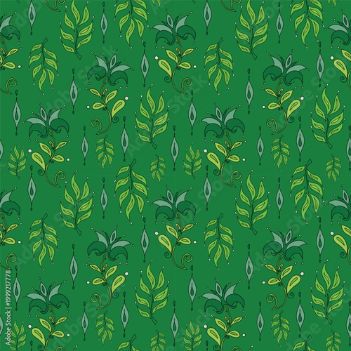 Green Botanical Leaves Seamless Vector Pattern with Hand Drawn Floral Elements and Organic Nature Motifs on Dark Green Background for Textile, Wallpaper, and Surface Design