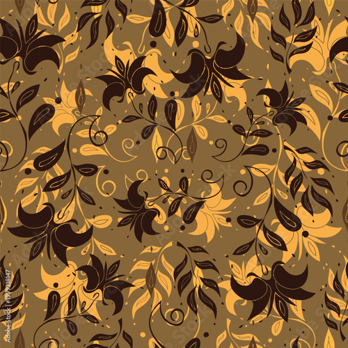 Elegant Vintage Floral Pattern with Dark Brown and Beige Leaves, Seamless Botanical Design for Wallpaper, Fabric, and Decorative Arts, Intricate Natural Motif