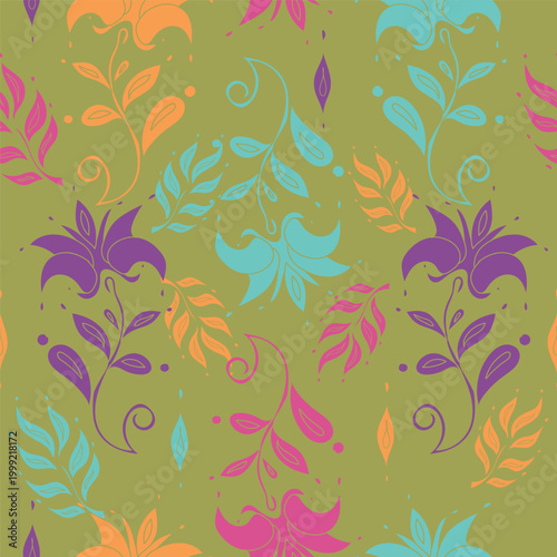 Vibrant Tropical Floral Pattern with Green Background and Colorful Leaves, Seamless Exotic Design for Textile, Wallpaper, and Decorative Accessories, Lively Botanical Art