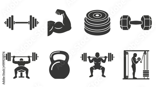 Fotografie Collection of gym equipment and fitness icons showcasing strength training activ