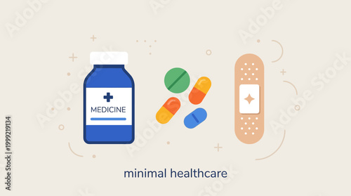 Medicine bottle with pills and band aid.