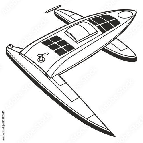 Solar powered boat line drawing with sleek futuristic design high quality
