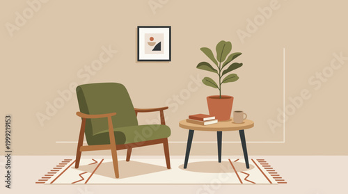 Green Armchair with Wooden Frame.