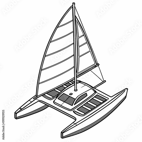 Konstfotografi detailed line drawing of a catamaran sailboat with solar panels