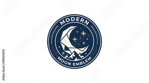 Modern emblem featuring a crescent moon and mountains with stars in a circular design