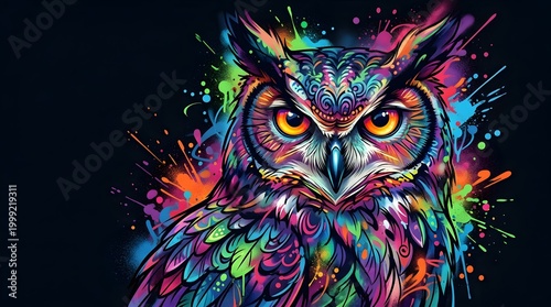 Colorful abstract owl illustration with vibrant splashes on dark background