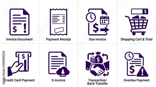 Various financial documents and icons illustrating payment processes and transactions