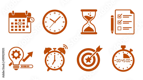 Collection of time management icons illustrating various concepts like scheduling and productivity