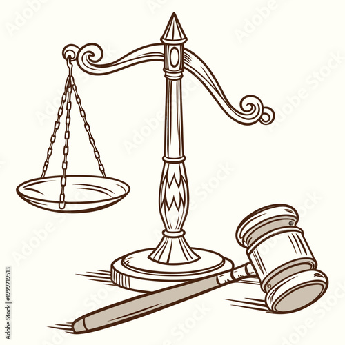 Quadro em tela Vintage justice scale with gavel hand drawn illustration high quality profession