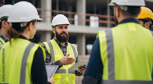 Construction workers in discussion a focus on safety and collaboration on a building site