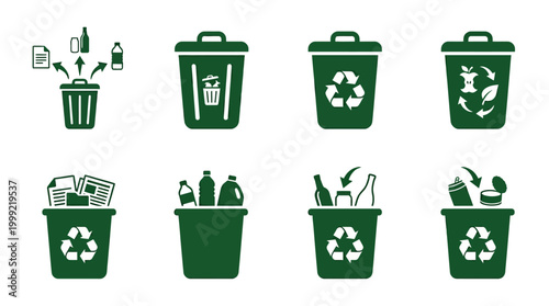 Collection of green recycling icons depicting waste management and environmental care