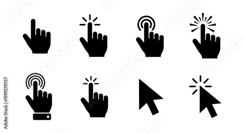 Black hand cursor icons for computer mouse