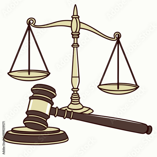scales of justice with gavel line drawing illustration high quality professional