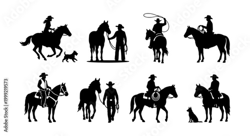 Silhouettes of cowboys and cowgirls with horses and dogs in various poses