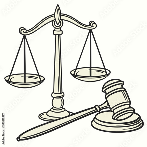Justice scales and gavel vintage style line drawing high quality professional