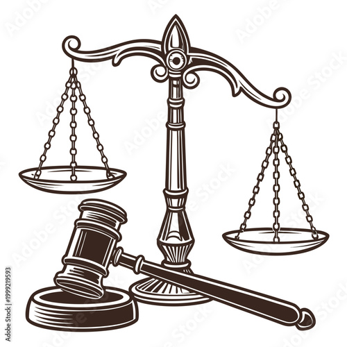 Justice scale with gavel symmetrical line art illustration high quality professional