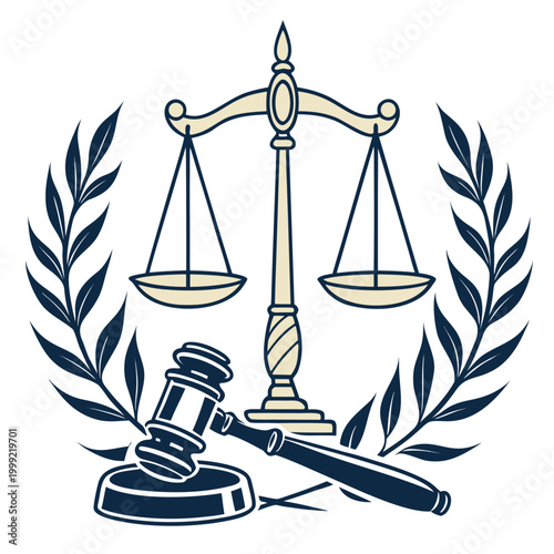 Justice scales with laurel wreath and gavel vintage style illustration