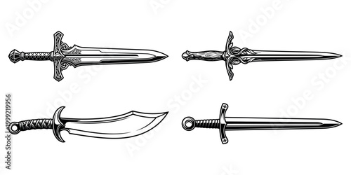 Vintage Medieval Swords and Saber Collection - Black and White Illustration