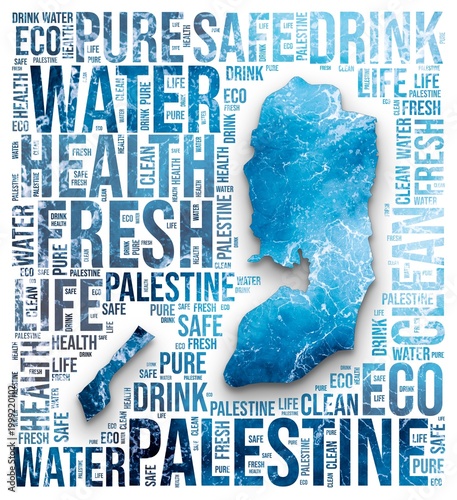Palestine. Water concept illustration. Silhouette of the country. Word cloud with blue, marbled water texture. Palestine shape with related tag words. Classy illustration.