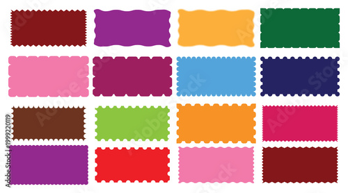 Rectangle shape frame with zigzag edge. Geometric zig zag wavy edge stickers, frames, Set of Zigzag and colorful Shapes. Decorative banners and labels set for mail, postcard, letter, note.