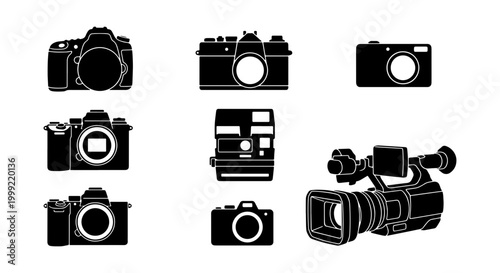 Collection of various camera icons in black and white