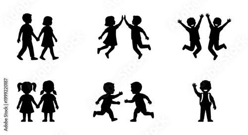 Collection of black silhouette icons of children playing and interacting in various joyful poses