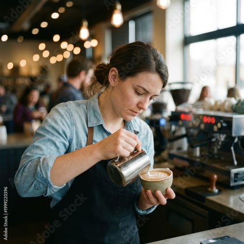 Barista Preparing Latte Art in Cozy Coffee Shop
