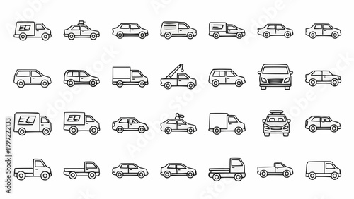 Diverse Collection of Outline Car and Vehicle Icons Representing Various Modes of Transport.
