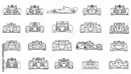 Collection of hand-drawn racing car sketches from various angles.