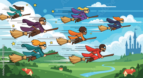 A cartoon illustration of seven people flying on broomsticks
