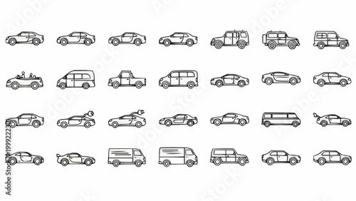 Collection of various car types in a simple line art style, showcasing different vehicle silhouettes.