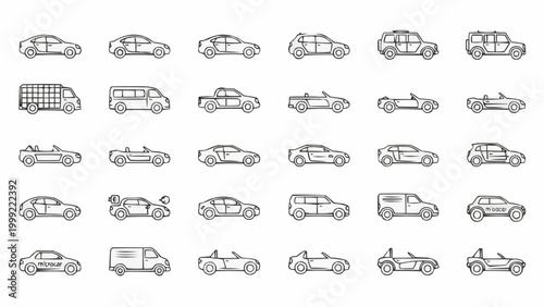 Collection of various car types and vehicle outlines in a doodle style.