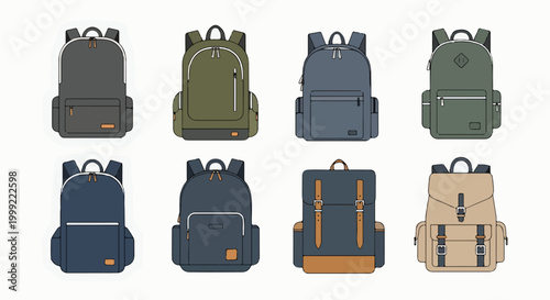 A collection of eight backpacks in various colors and designs