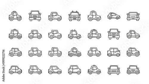 Collection of various car line art icons representing different vehicle types.