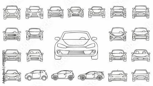 Collection of various car models in outline style, front and side views.