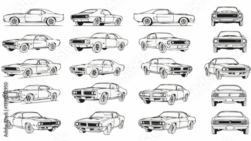 Classic American Muscle Cars Collection Line Art.
