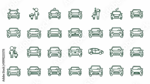 Collection of various car models and car wash service icons.