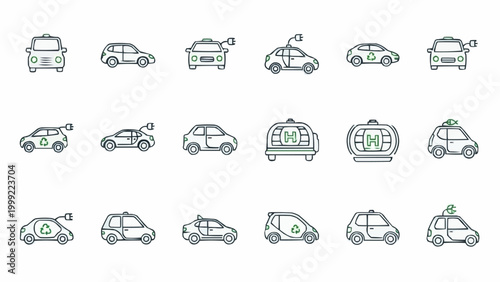 Collection of Electric and Autonomous Vehicles Line Art Icons.