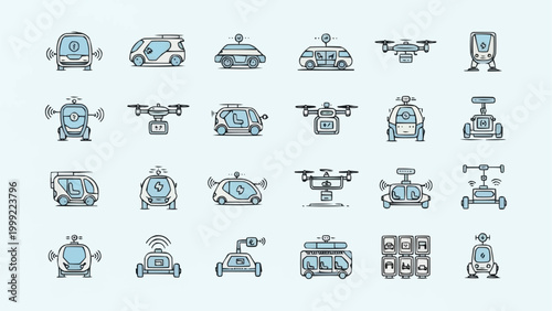 Autonomous vehicles and drones collection representing future transportation and delivery systems.