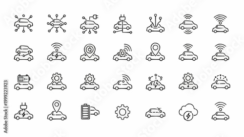 Autonomous Vehicle Technology and Smart Car Features Icon Set.