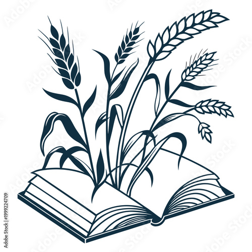 Open book with wheat stalks emerging plants