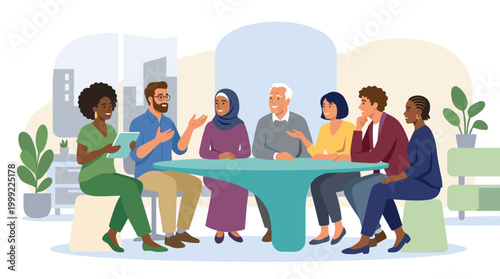 Diverse group of people seated around a roundtable discussion.