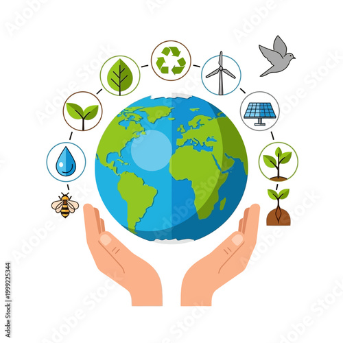Planet Earth protected by hands, surrounded by eco-friendly symbols and nature elements.