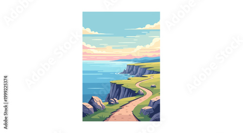 Billede på lærred Winding path along rocky ocean cliffs.