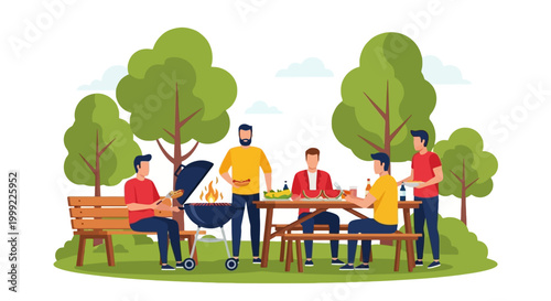 Friends Barbecue Picnic Park Grill Food Table Trees Bench Cartoon Illustration
