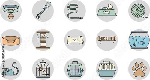 Various pet care items including food bowls and grooming tools are displayed