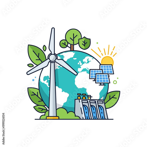 Renewable Energy Sources: Earth, Wind Turbine, Solar Panels, Hydroelectric Dam Illustration