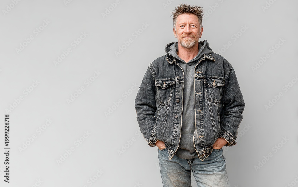 Fototapeta premium Man in Denim Jacket Posing Against Wall